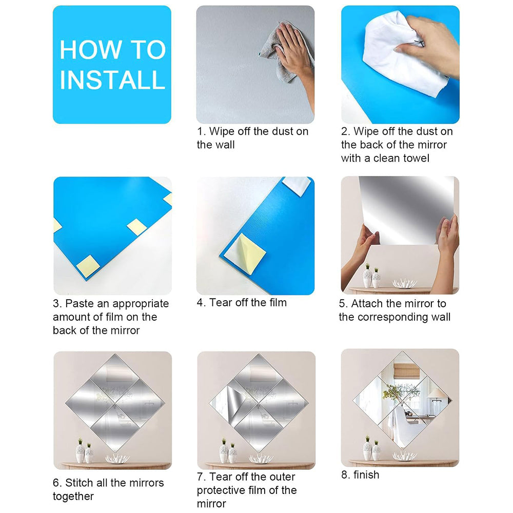 4Pcs DIY Square Self-Adhesive Acrylic Mirror