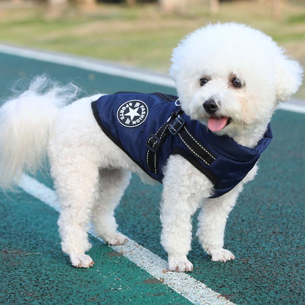 Waterproof Warm Winter Dog Harness Coat with Reflective Stripes-Blue