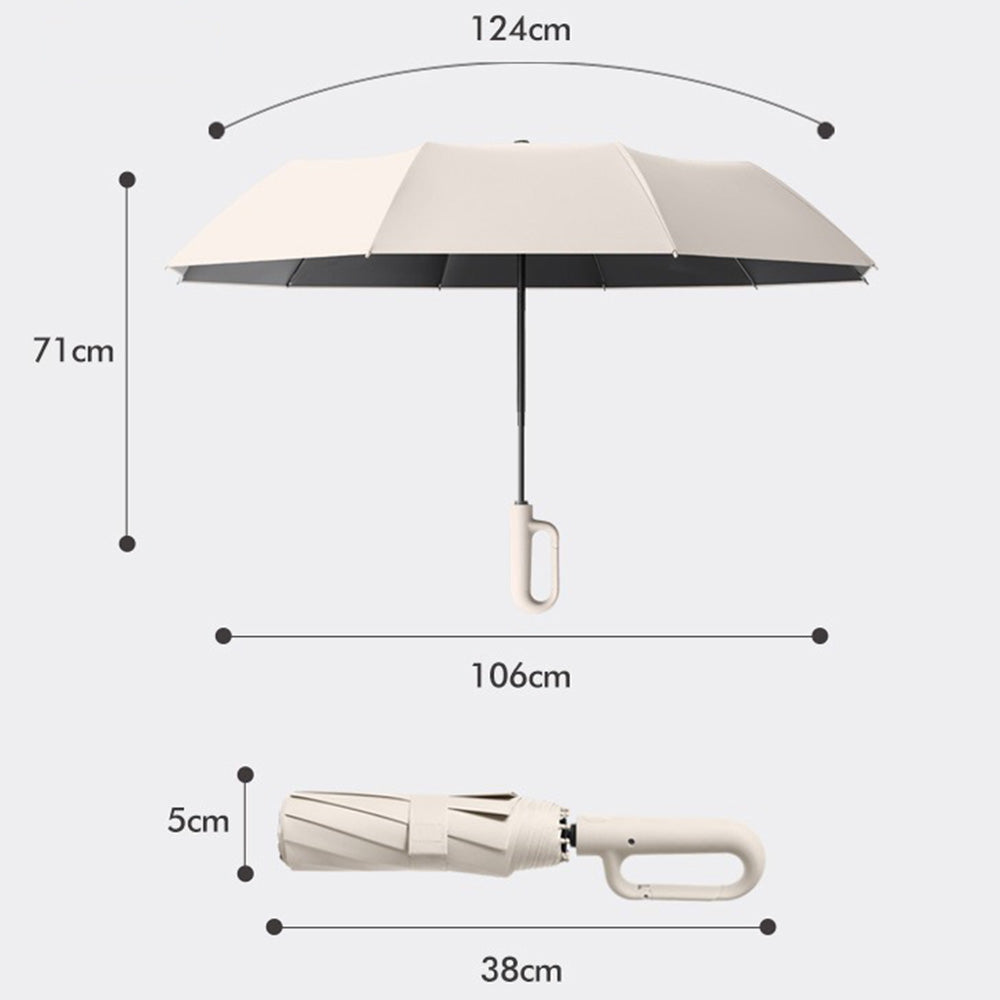 Automatic 10-Rib Folding Umbrella with Carabiner Handle Windproof