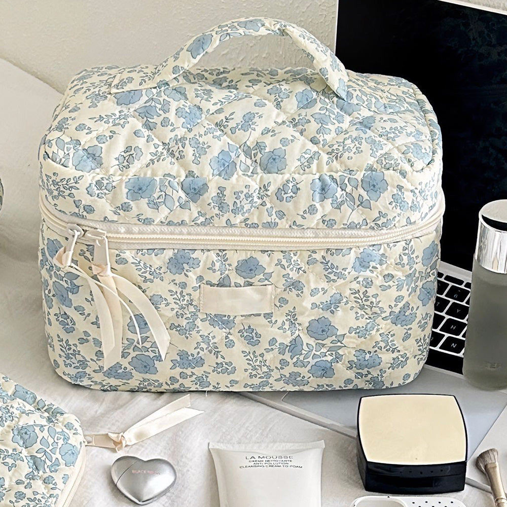 Portable Floral Pattern Cosmetic Bag Makeup and Toiletry Storage Organizer with Handle