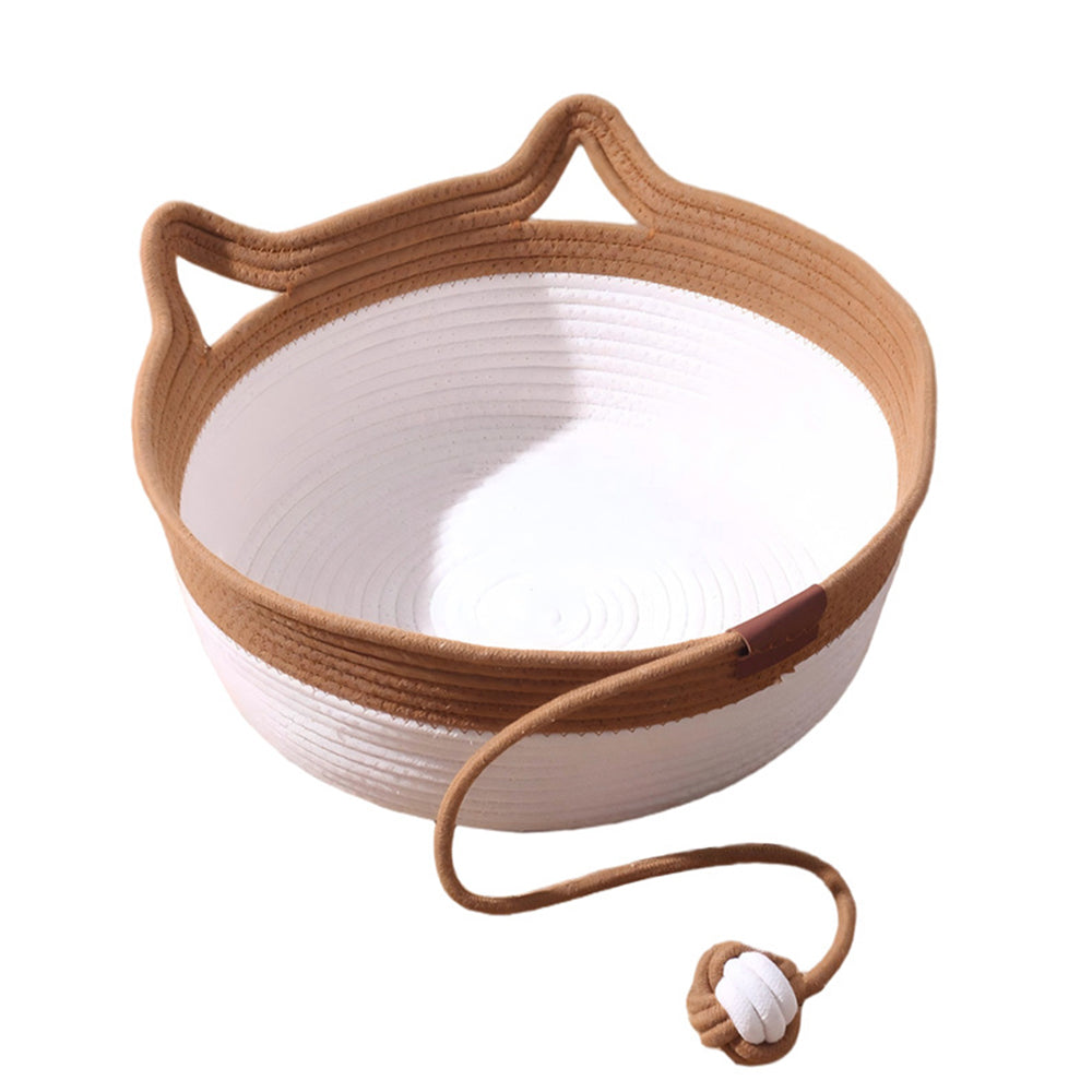 Handwoven Cat Basket Rope Cotton Pet Bed Round Boho Style Cat Bed with Teaser Ball