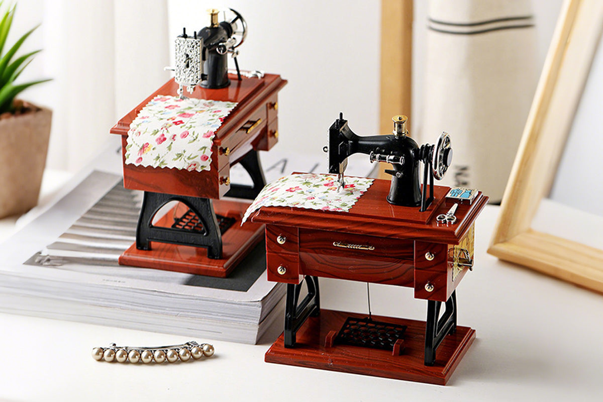 Retro Sewing Machine Music Box with Drawer Storage Desktop Decorative