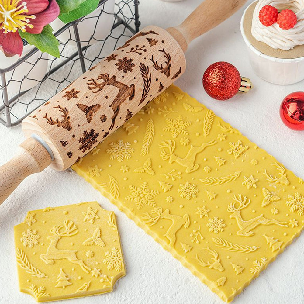 Christmas Embossing Rolling Pin Wooden Dough Roller-ELK