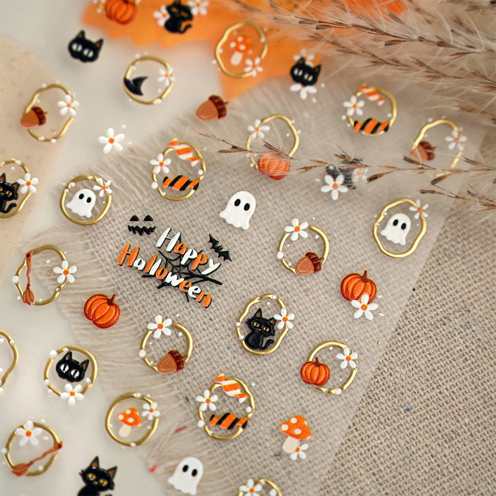 Halloween Nail Art Stickers Black Cat Ghost Pumpkin Self-Adhesive