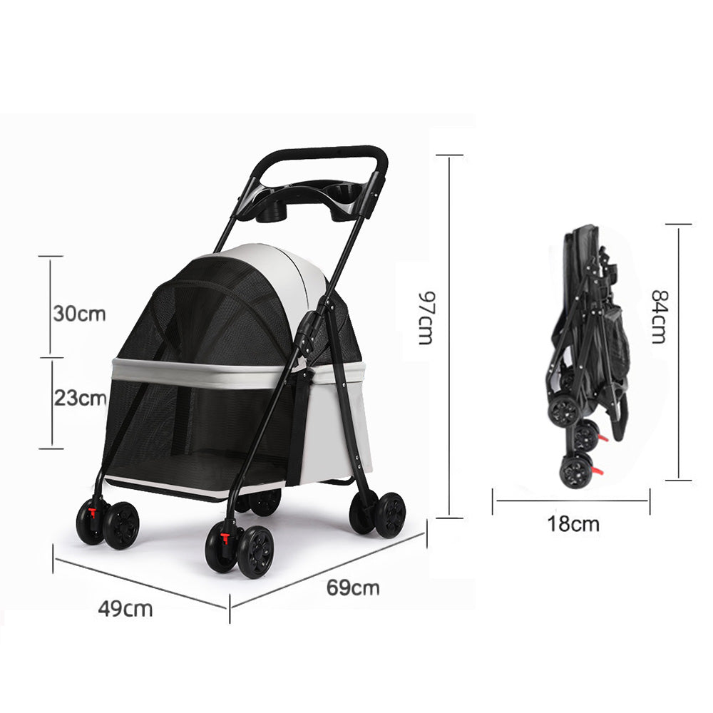 Pet Stroller Cat Small Dog Cage Stroller Travel Folding Carrier Pushchair with Breathable Mesh Cup Holder