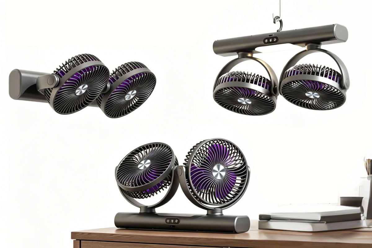 Dual Heads Rechargeable Hanging Fan 3 Speeds Fan with Night Light