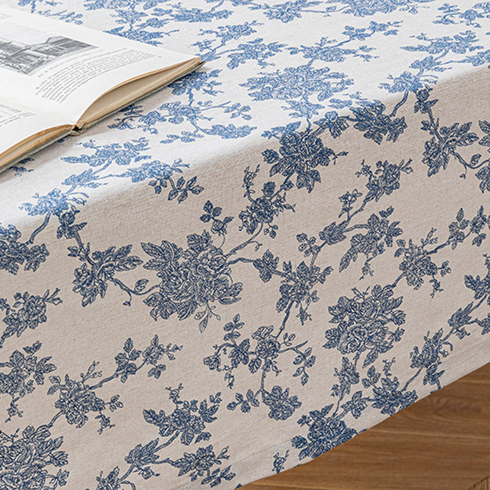 135x180cm Retro Blue Rose Floral Cotton Linen Fabric Tablecloth
