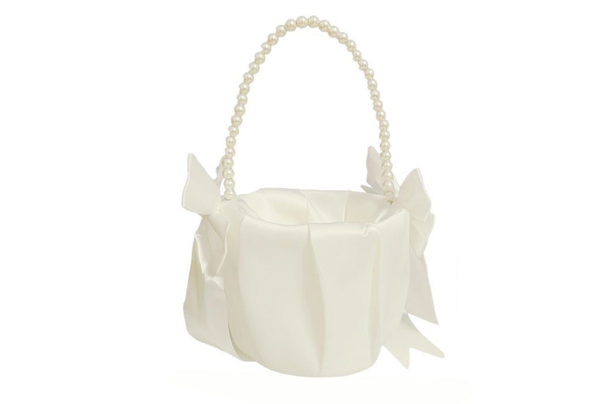 Wedding Flower Girl Basket with Pearl Handle Bowknot Satin Ribbon