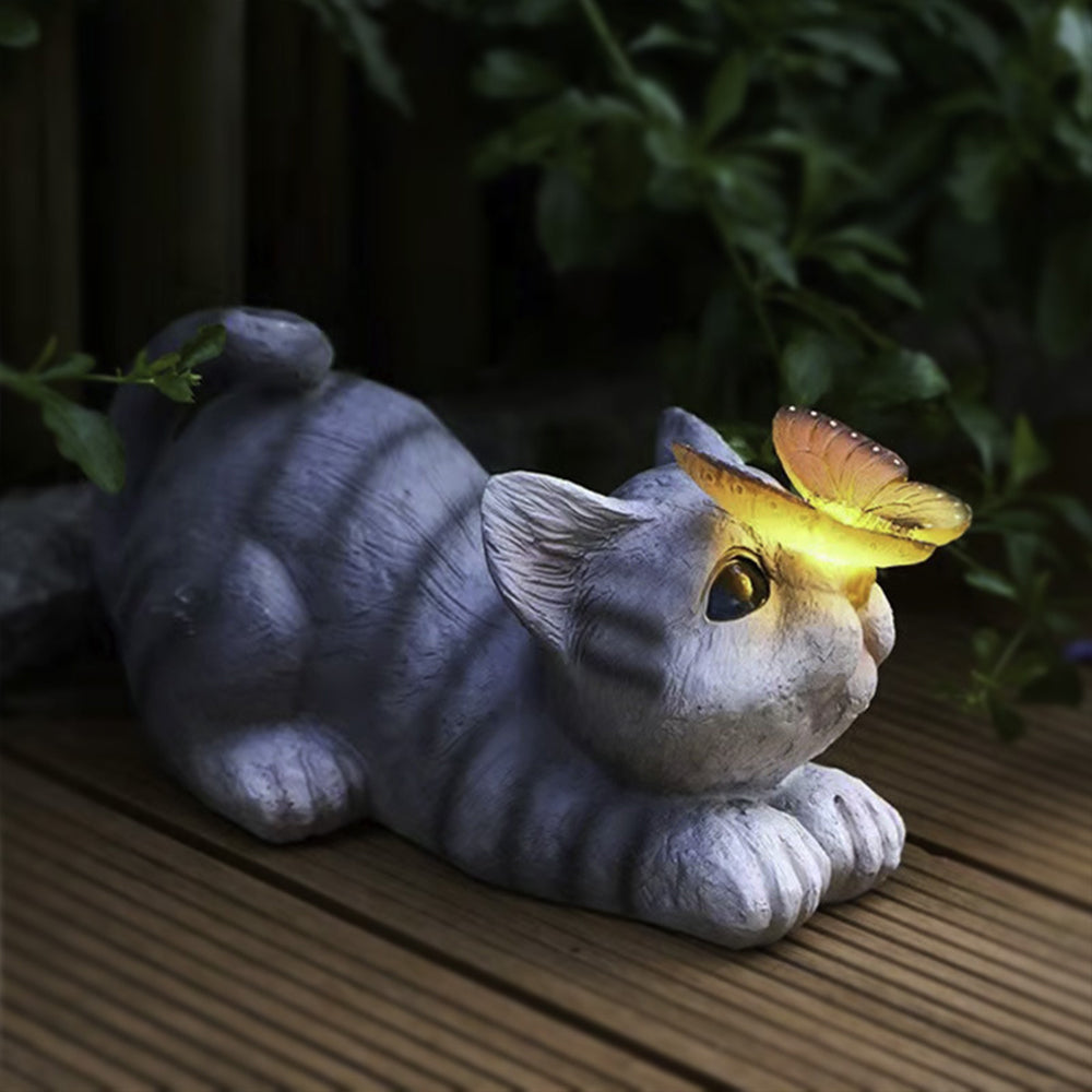 Resin Cat Butterfly Statues Solar Powered Garden Light-Squatting Cat