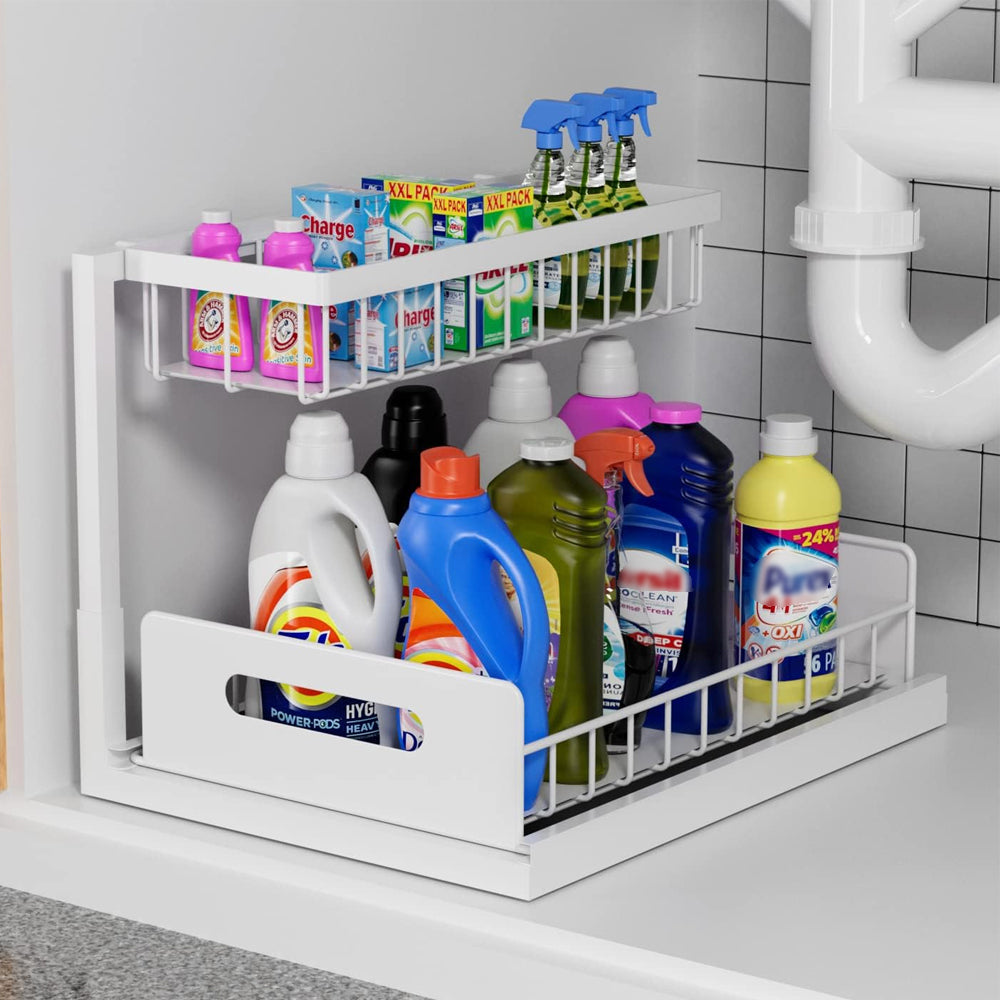 Under Sink Organizers 2-Layer Slide Cabinet Basket Storage Rack for Kitchen Bathroom