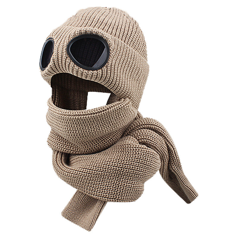 Retro Aviator Knitted Beanie Attached Scarf Winter Warm Pilot Hat with Decorative Goggles