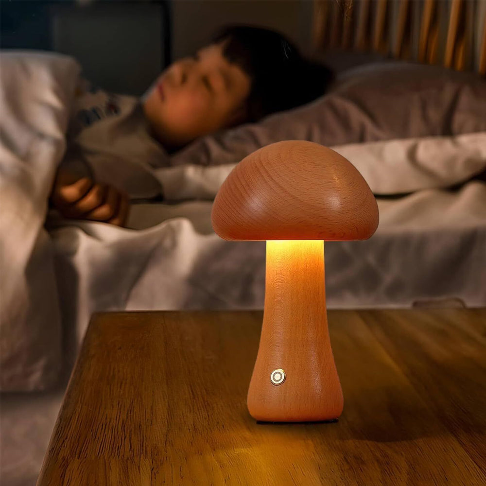 Wooden Mushroom Rechargeable Battery Operated Lamp with Stepless Dimming