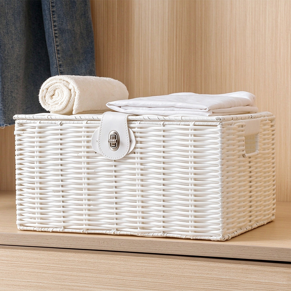 3 Piece Imitation Rattan Woven Storage Basket Set with Locking Lids-White