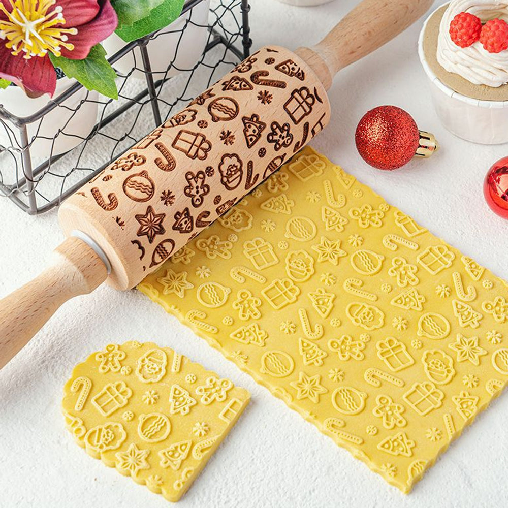 Christmas Embossing Rolling Pin Wooden Dough Roller-Gift