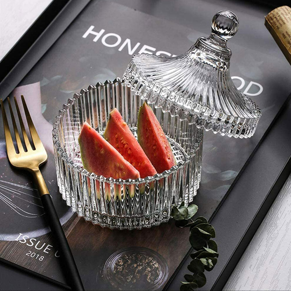 Ribbed Rotating Glass Jar with Clear Lid for Candy Buffet and Candles
