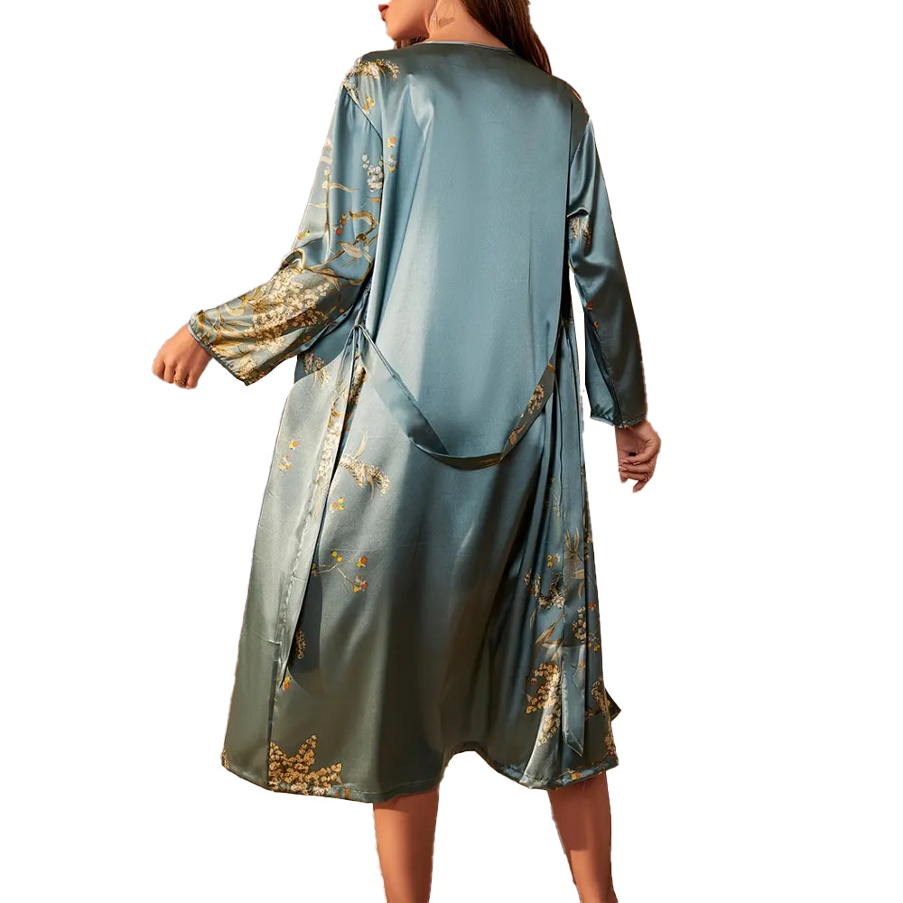 Casual Floral Print Satin Night Robe Long Sleeve V Neck Sleep Robe With Belt