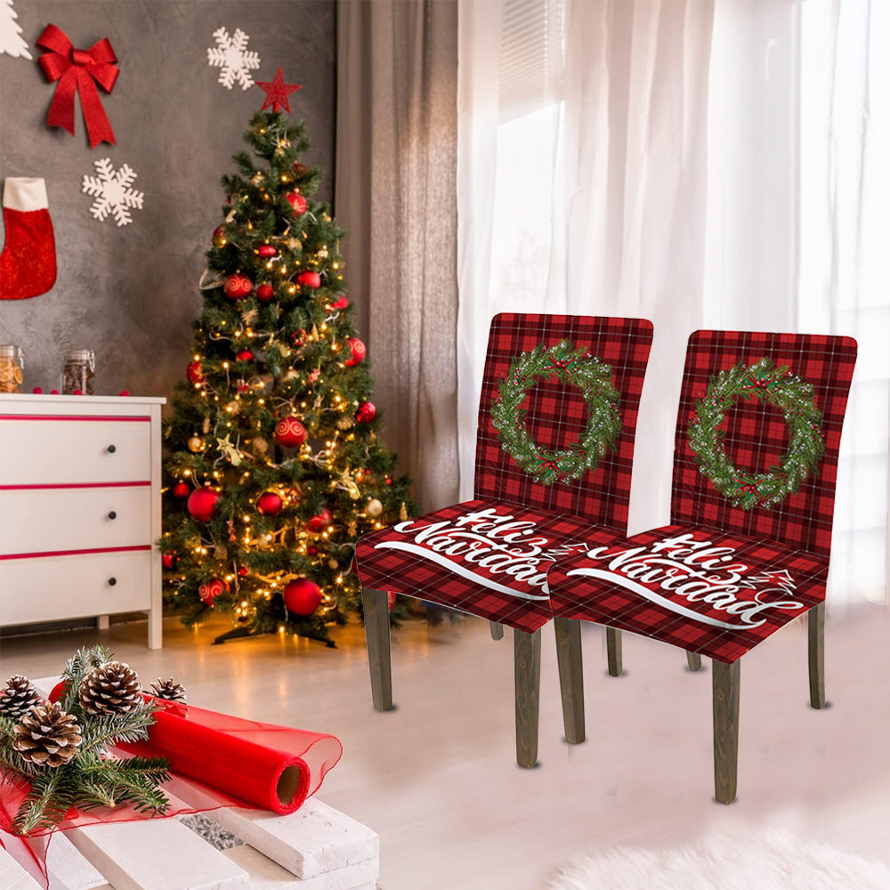2Pcs One-piece Christmas Stretch Dining Room Chair Protector Cover-Wreath