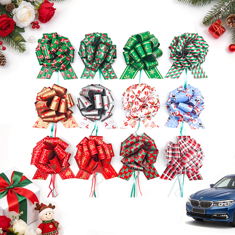 12 Pack Double Sided Printed Christmas Pull Ribbon Bows for Gift Wrapping