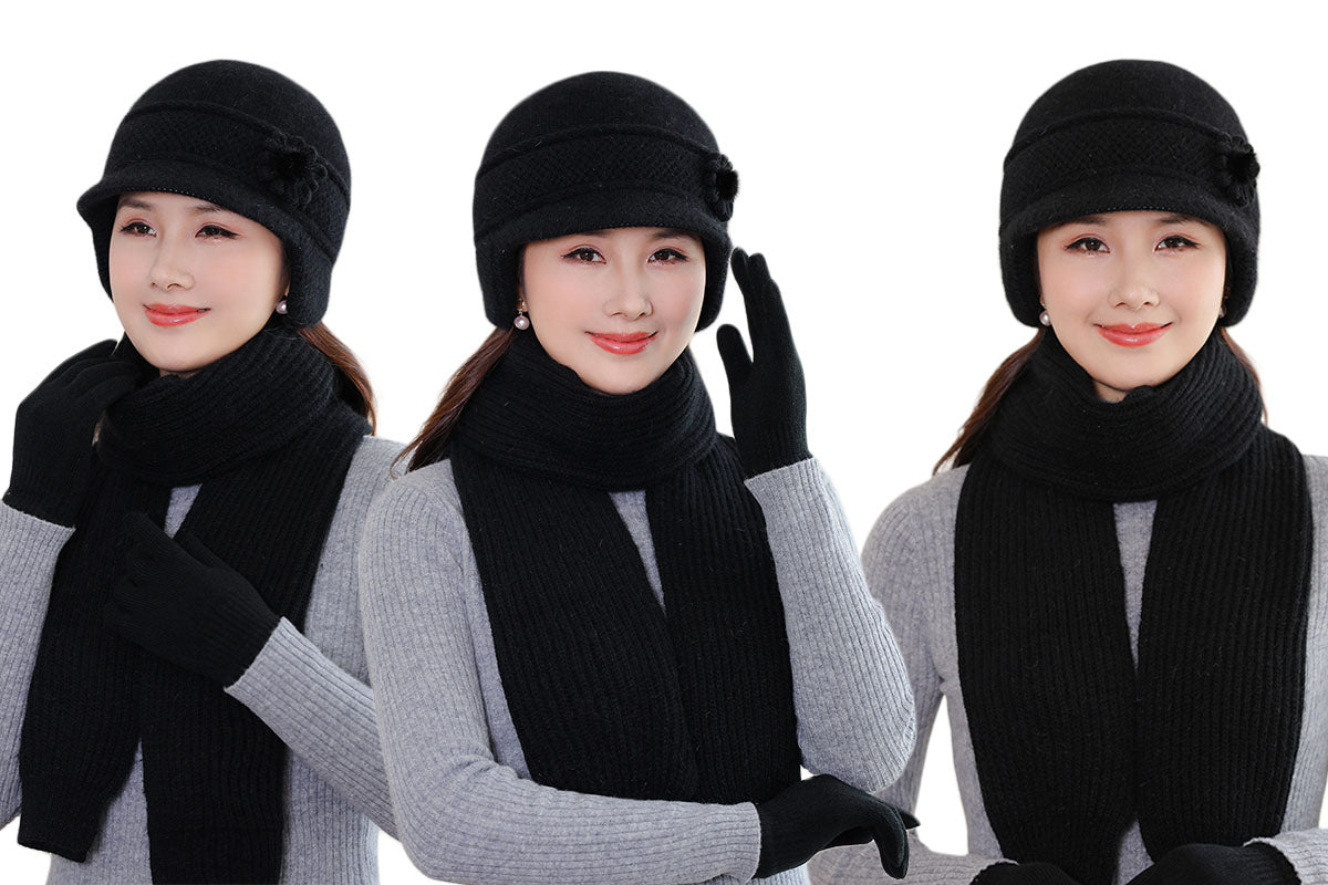 Winter Warm Earflap Hat Scarf Set for Elderly & Middle-Aged Ladies Women