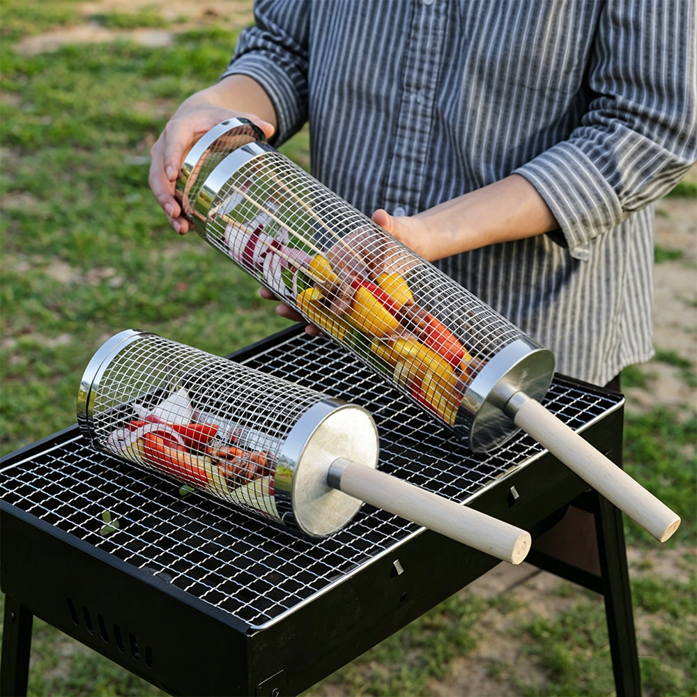 2 Pack Rolling Grill Basket with Wooden Handle Stainless Steel BBQ Accessory