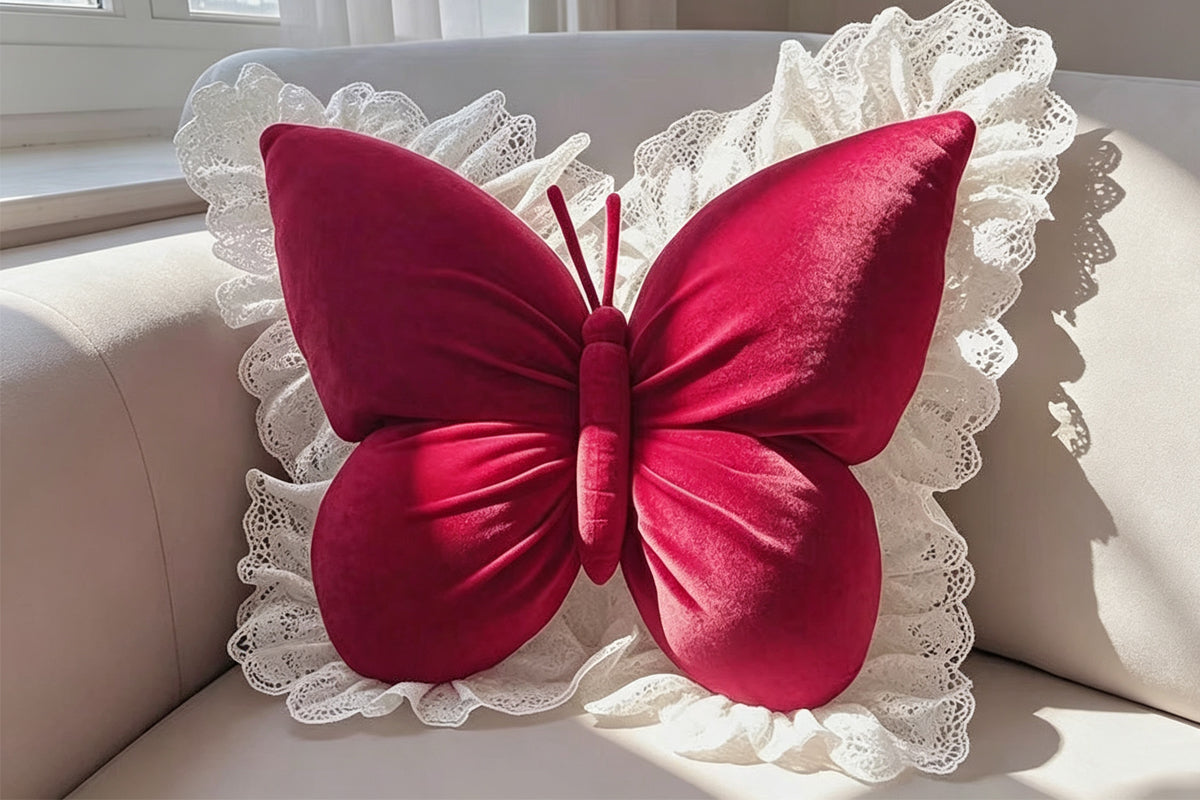 Butterfly Shape Throw Pillow with Lace Ruffle Trim Decorative Cushion Home Decor Cushion Butterfly Velvet Throw Pillow