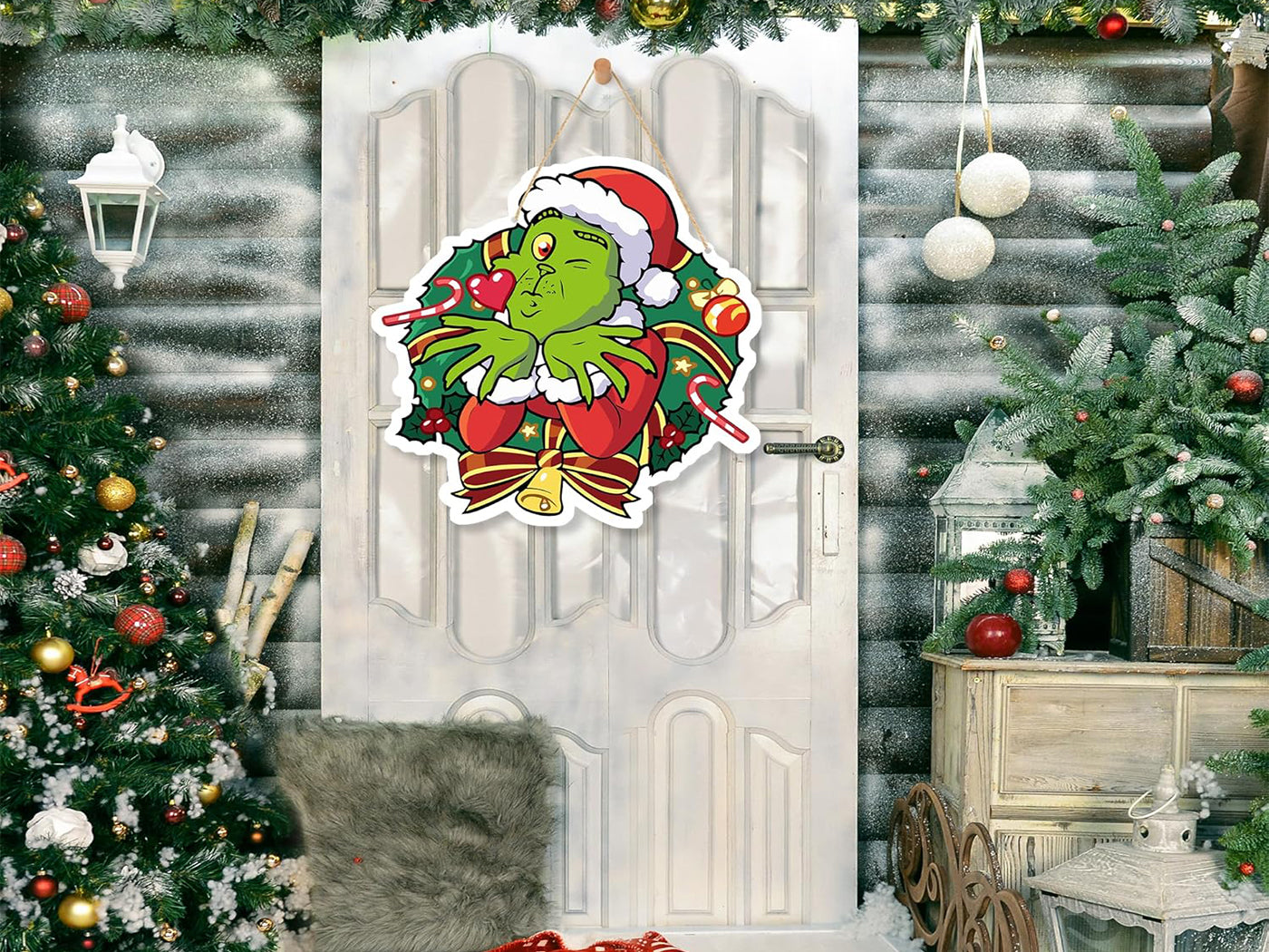 Grinch Inspired Xmas Wooden Door Sign Hanging Decoration