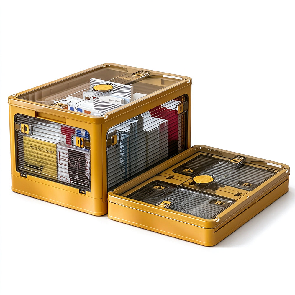 5 Door Transparent PP Foldable Storage Box with Wheels and Top Lid-Yellow
