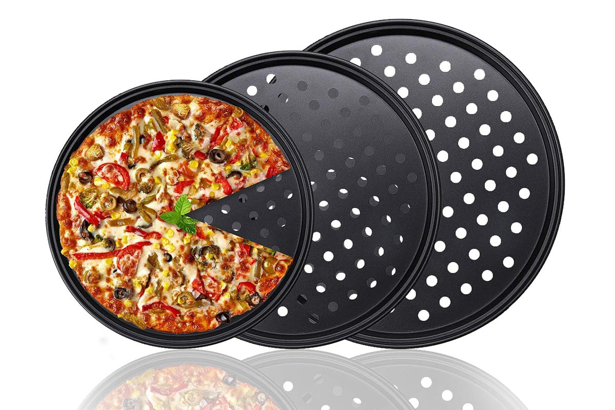 Pizza Pan Non Stick Crisper Tray Carbon Steel Round Oven Bakeware with Holes 24-32cm