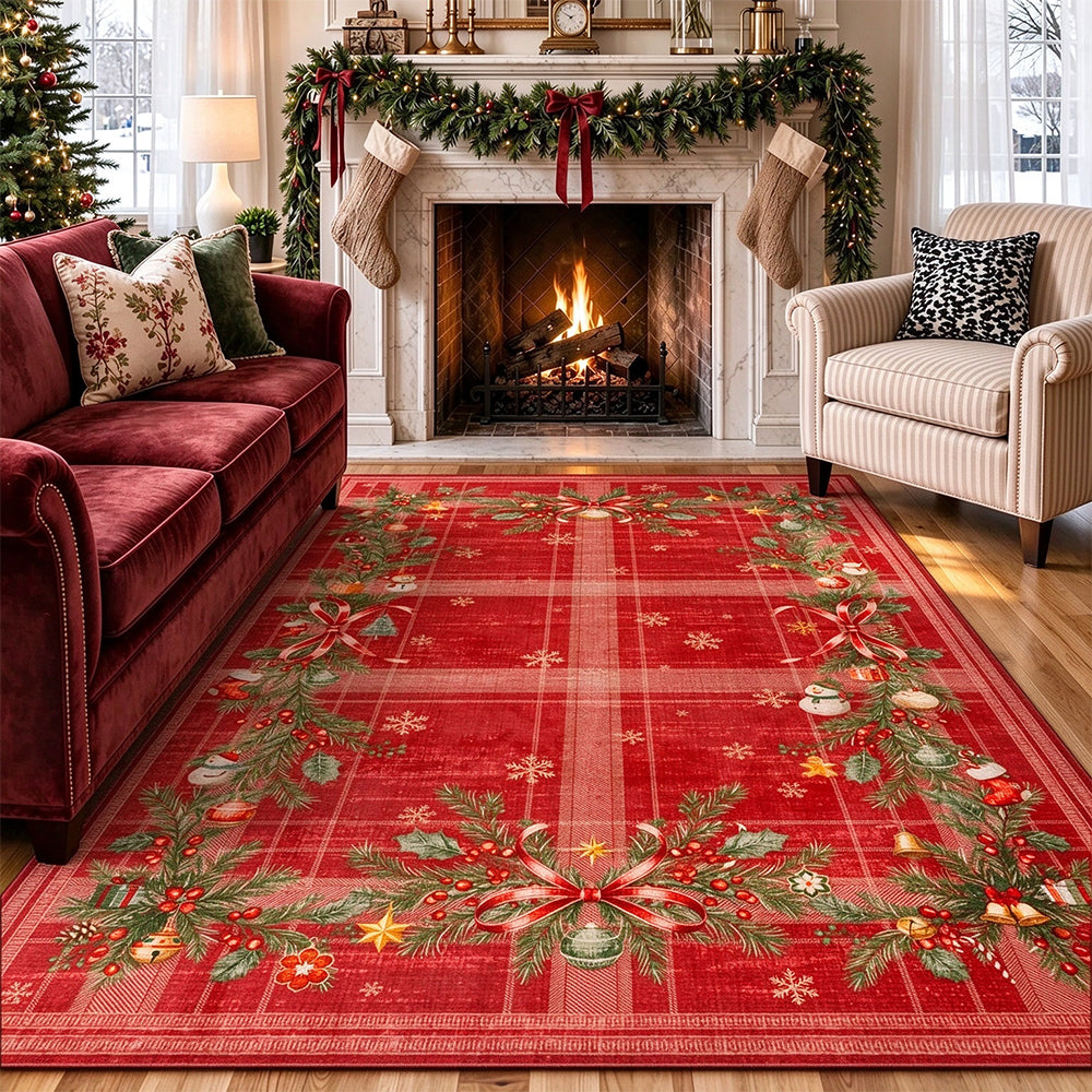 Christmas Polyester Crystal Velvet Floor Mat with TPR Non Slip Back-Red