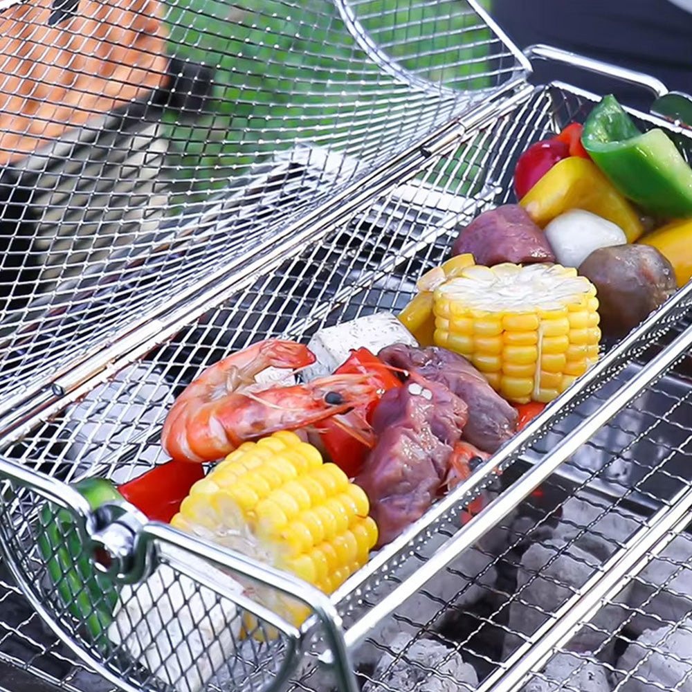 Rotating Stainless Steel BBQ Grill Basket with Stand and Handle for Camping Garden