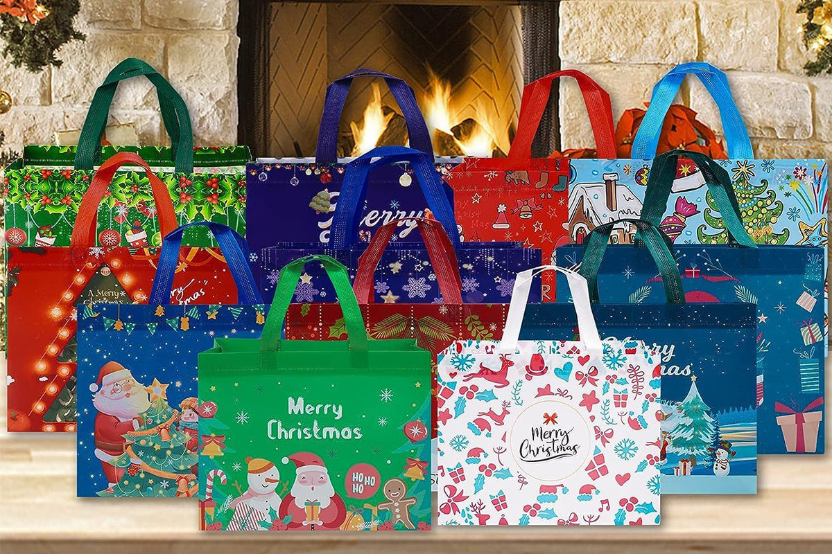 12PCS Christmas Gift Bags Large Reusable Christmas Tote Bags For New Year Party Supplies