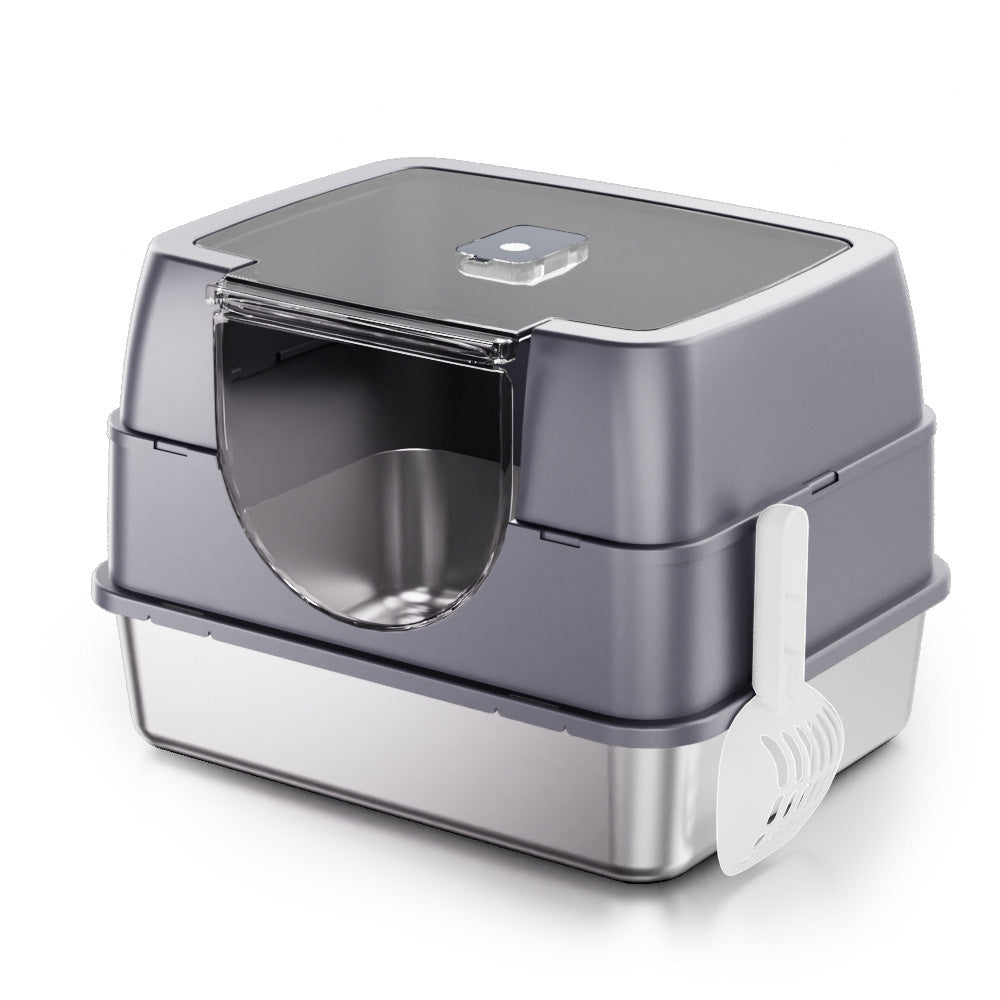 Fully Enclosed Flip Top Stainless Steel Cat Litter Box Large Space and Odor Control