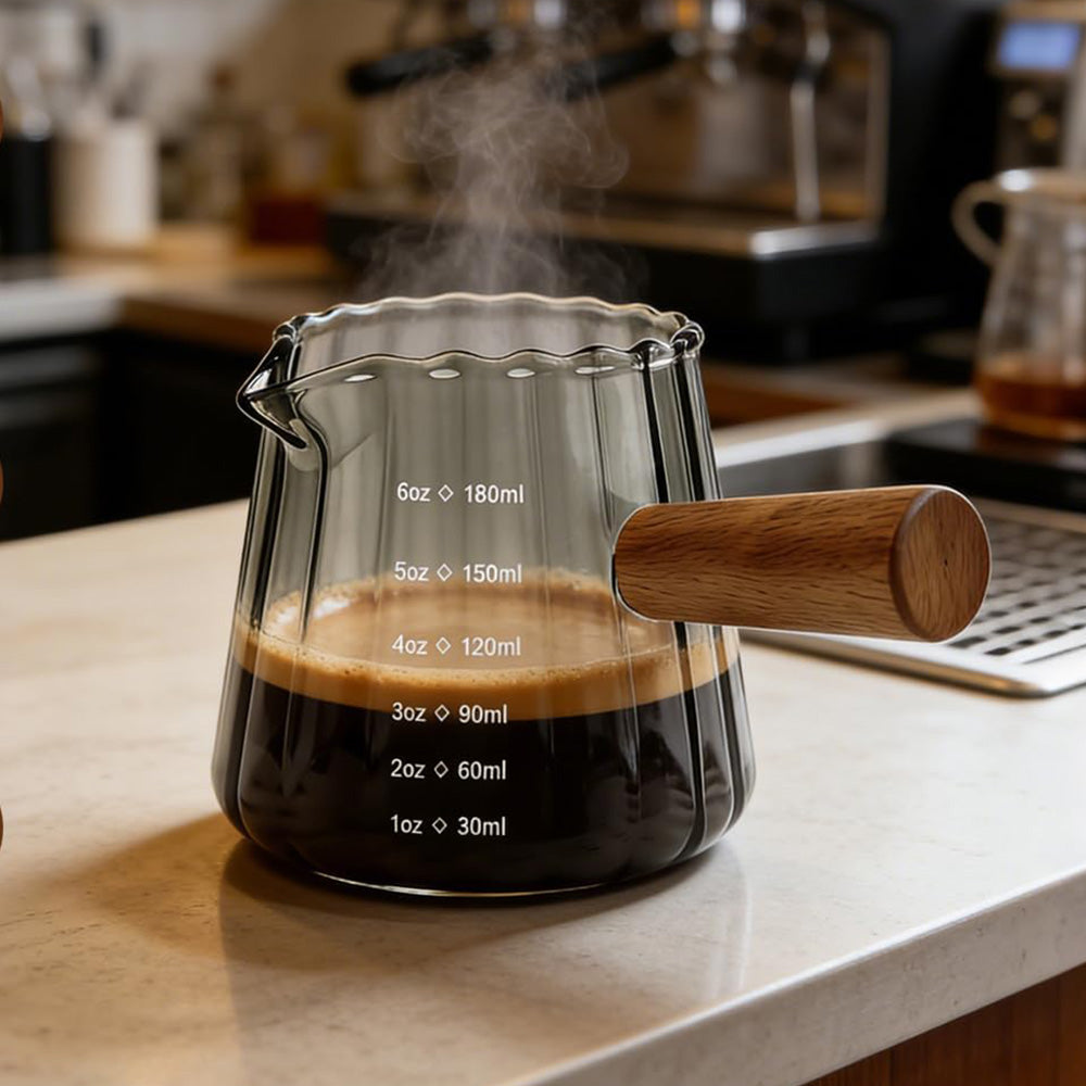 180ml Ribbed Glass Espresso Measuring Cup with Engineered Wood Handle