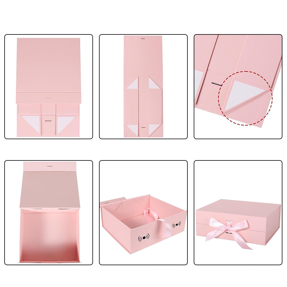 Luxury Foldable Gift Box with Easy Attached Lid and Ribbon-Pink