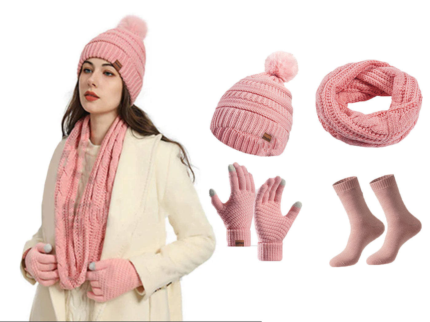 Winter Warm Knit Beanie Hat Scarf Touch Screen Gloves and Socks Set for Women