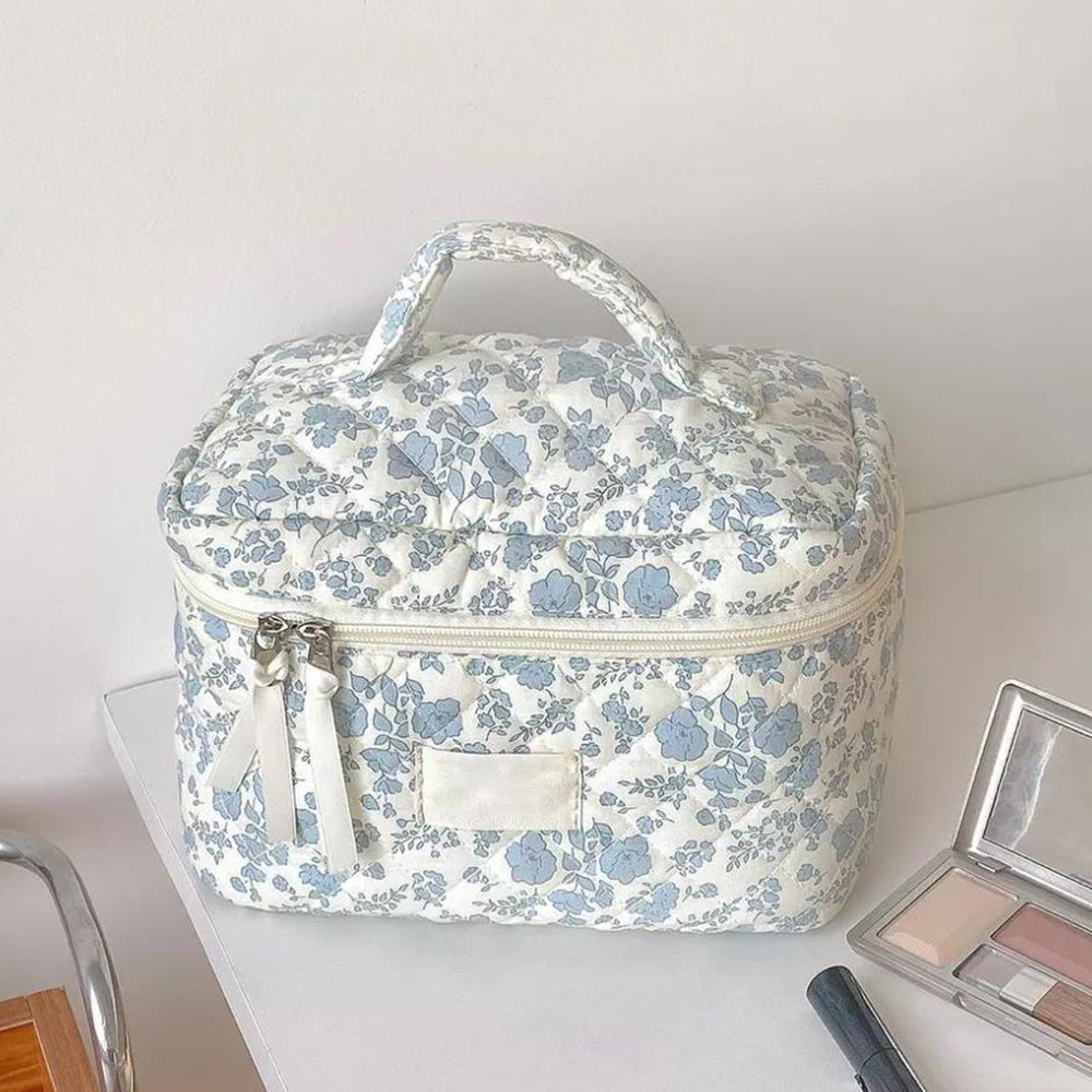 Portable Floral Pattern Cosmetic Bag Makeup and Toiletry Storage Organizer with Handle