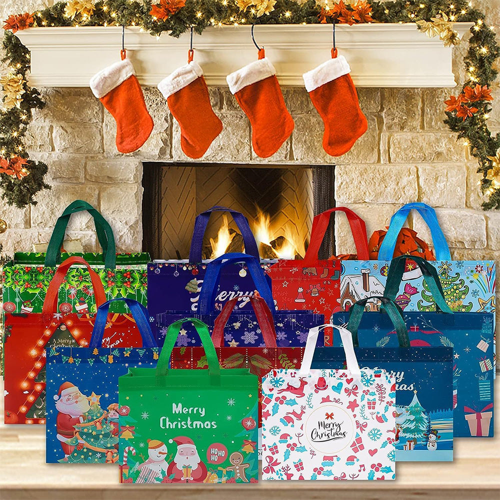 12 Pack Christmas Gift Bags Large Reusable Tote Bags Xmas Party Favors