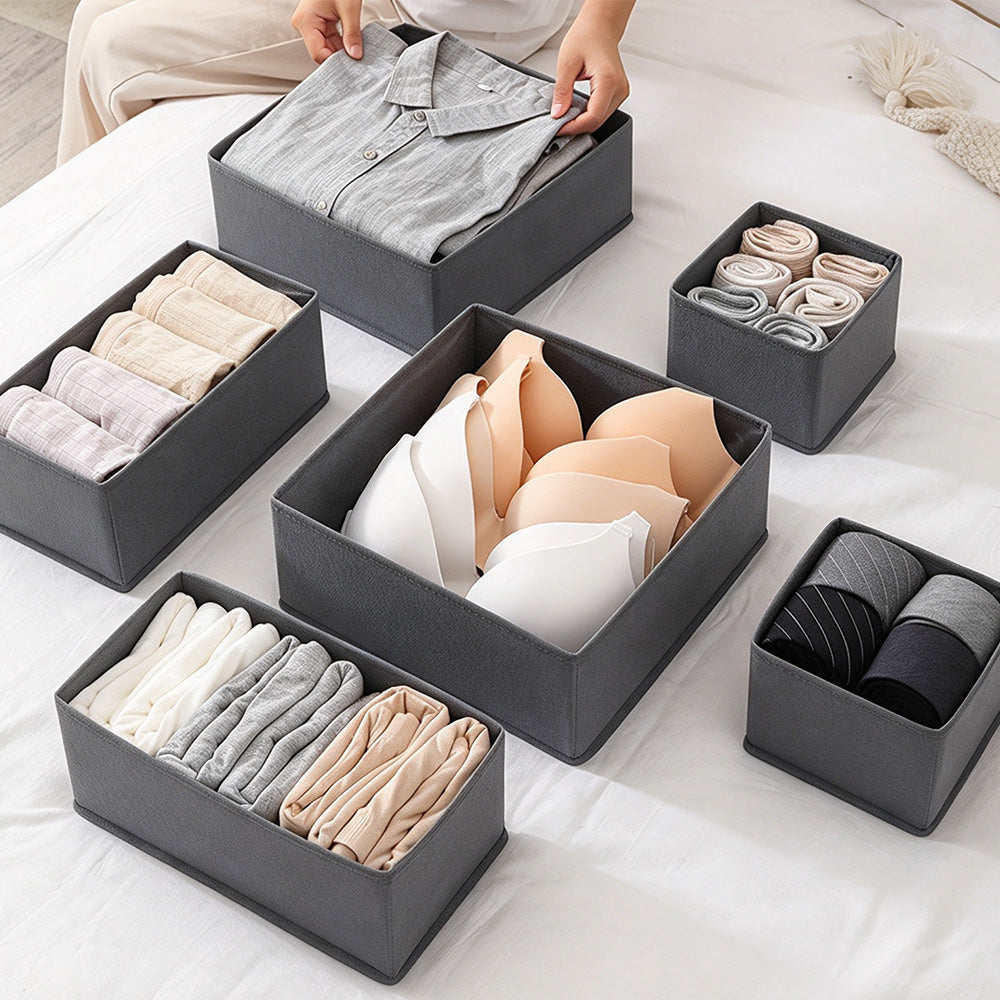6 Piece Foldable Nonwoven Drawer Organizer Bins in 3 Sizes with Zippers