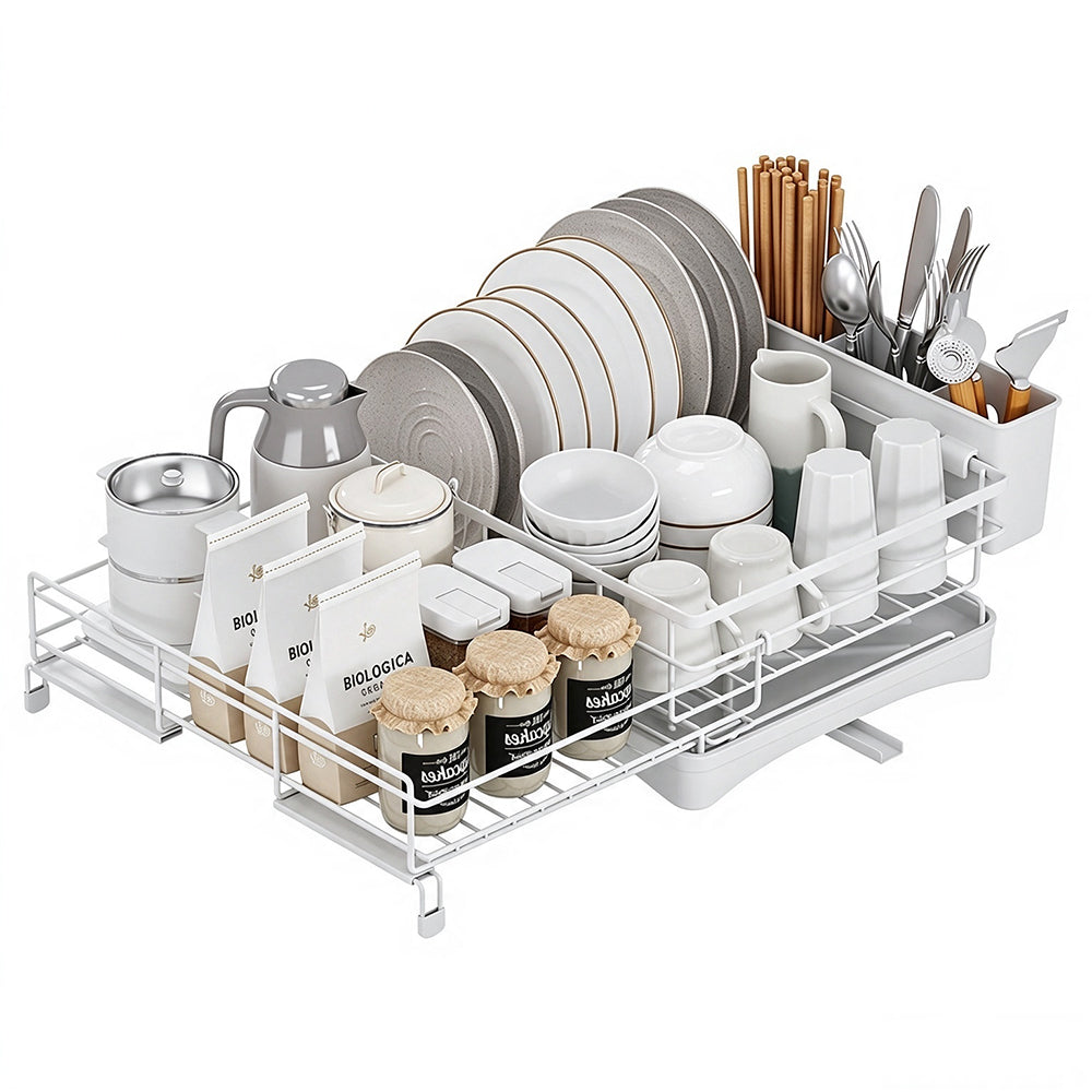 Expandable Carbon Steel Dish Drying Rack with Rotating Drain Spout-White