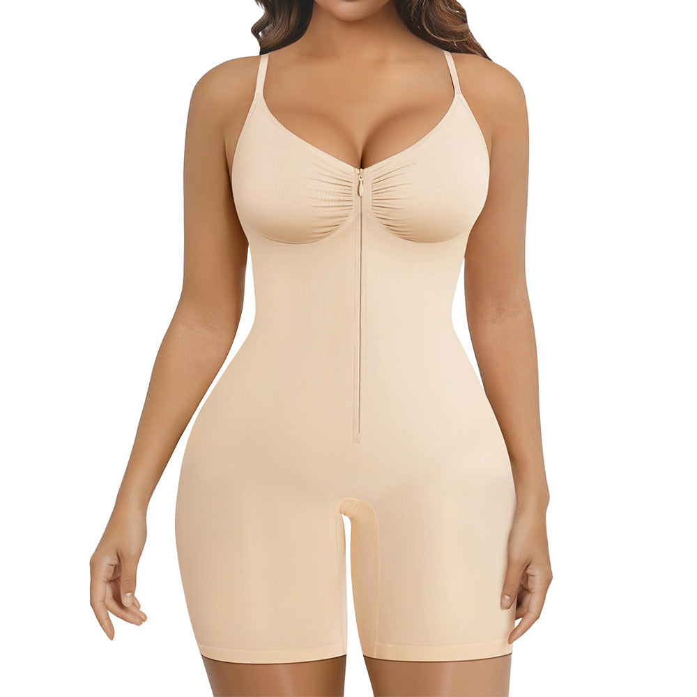 Seamless Shaping Bodysuit with Front Zipper Hook and Adjustable Straps-Beige