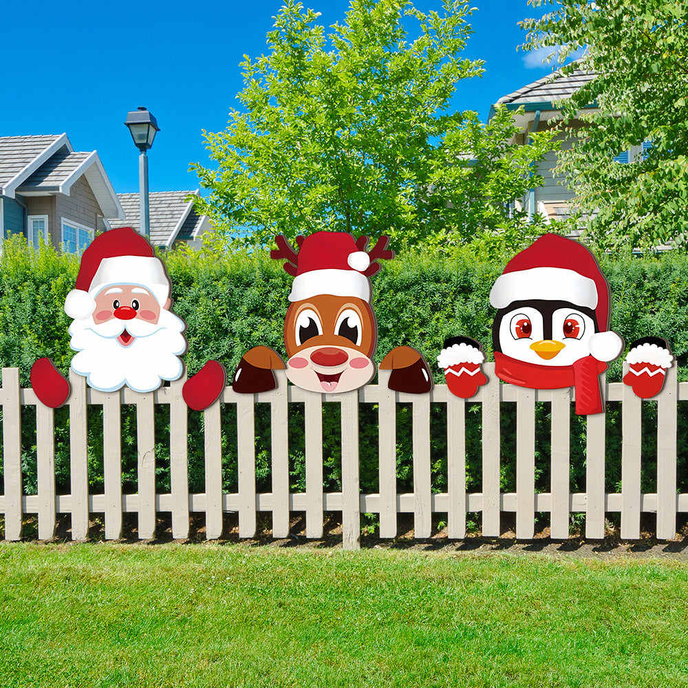 3 Pcs Christmas Fence Peeker Santa Reindeer Penguin Yard Decor