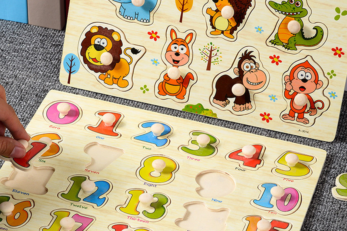 4 Sets Wooden Peg Puzzle for Girls Boys with Alphabet Number Animal Dinosaur Vehicle