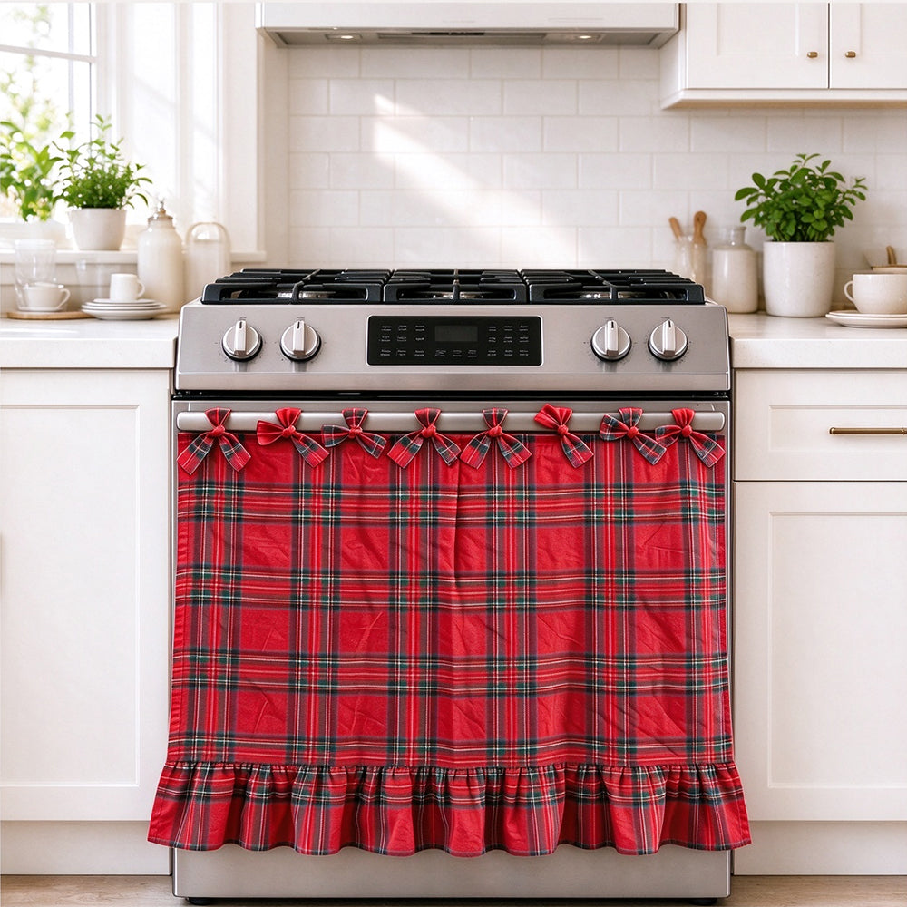 Polyester Cotton Plaid Oven Cover Curtain with Ties for Kitchen