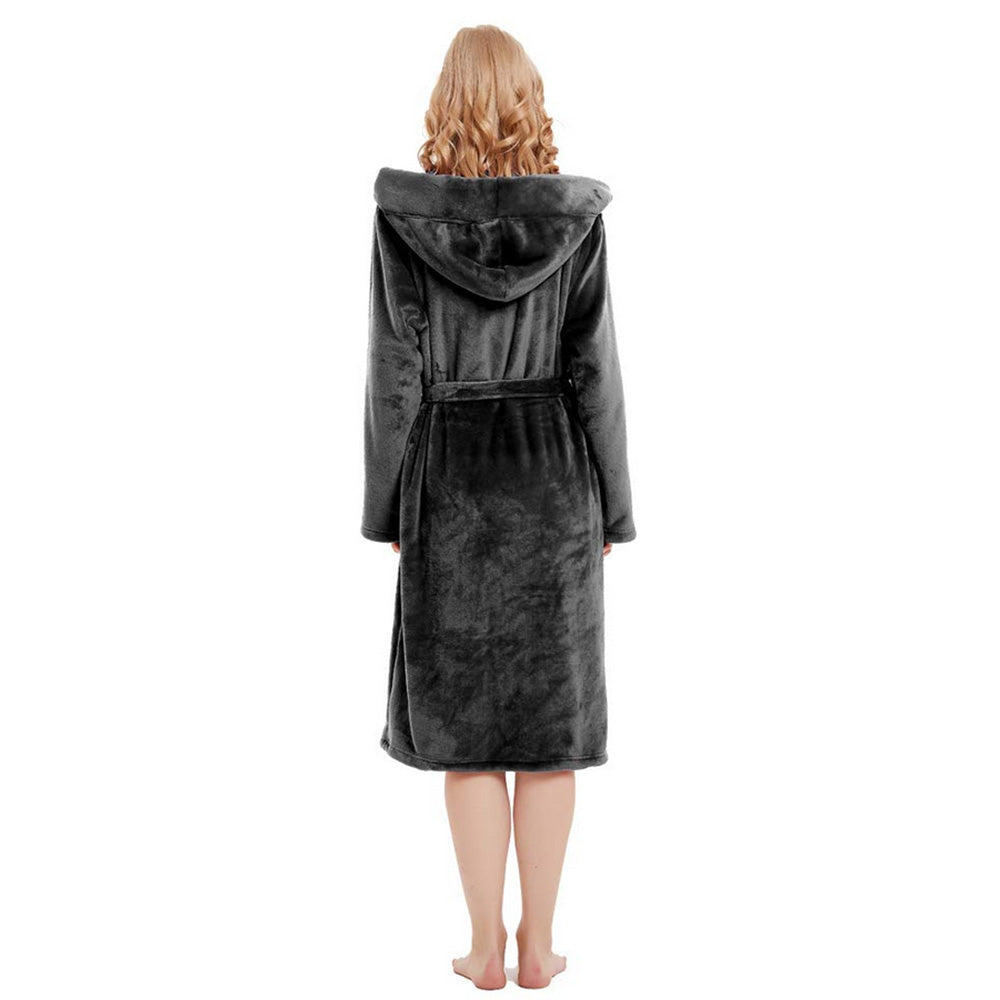Women Robe Hood Flannel Fleece Full Length Bathrobe Shower Nightgown-Black
