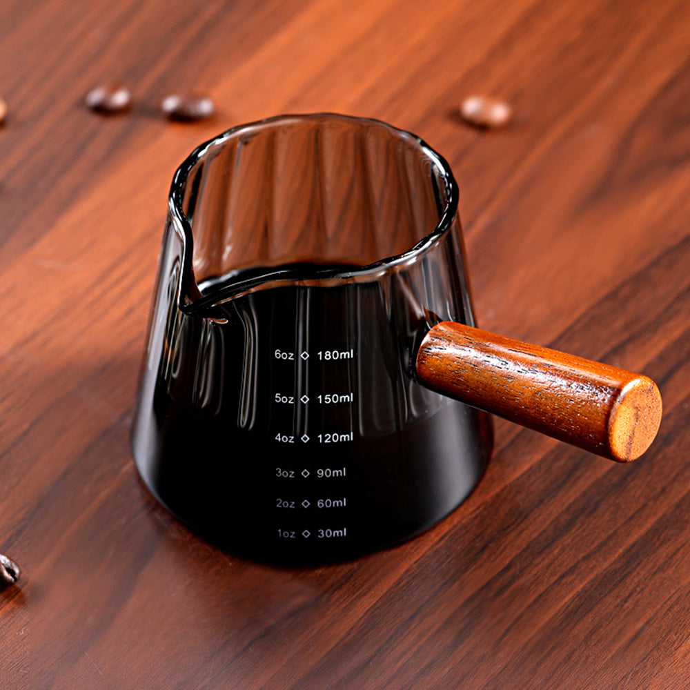 180ml Ribbed Glass Espresso Measuring Cup with Engineered Wood Handle