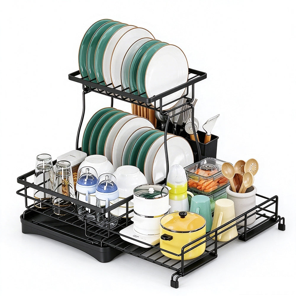 Expandable Carbon Steel Dish Drying Rack with Rotating Drain Spout-Black