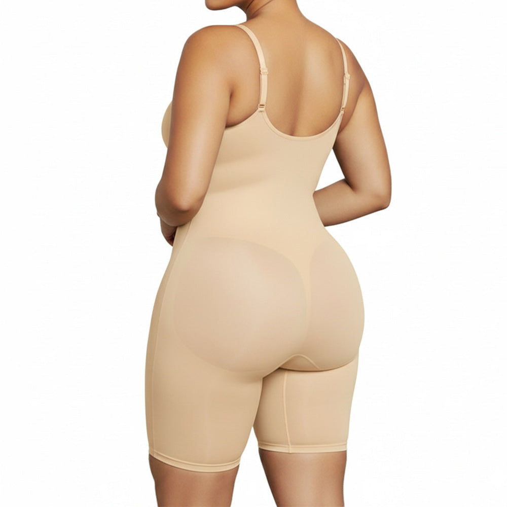 Seamless Shaping Bodysuit with Front Zipper Hook and Adjustable Straps-Beige