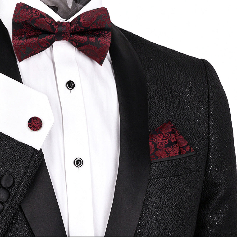 4 Piece Mens Jacquard Pre Tied Bow Tie Pocket Square and Cufflink Set
