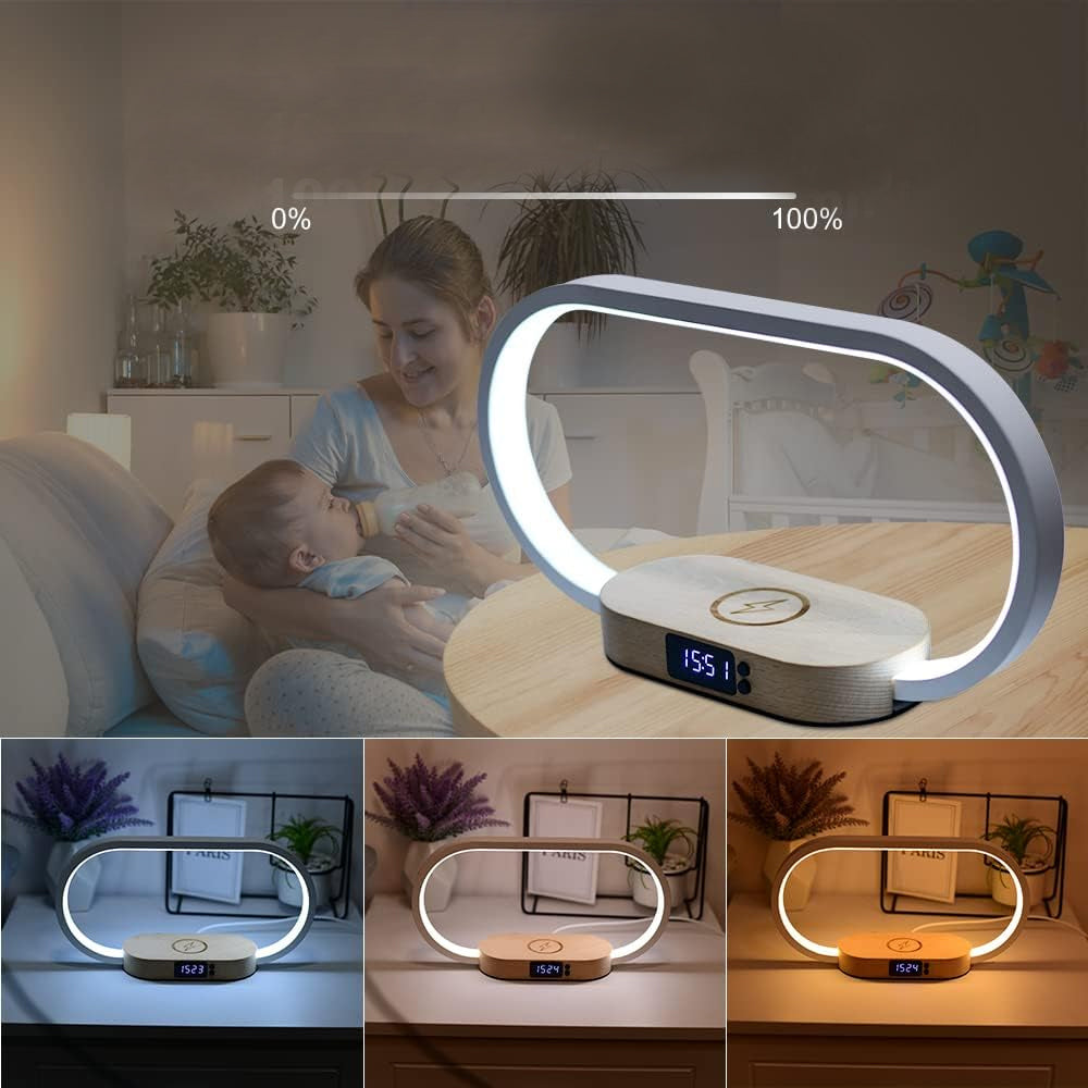Bedside Lamp with Clock 10W Fast Wireless Charger USB Port Nightstand Touch Lamp