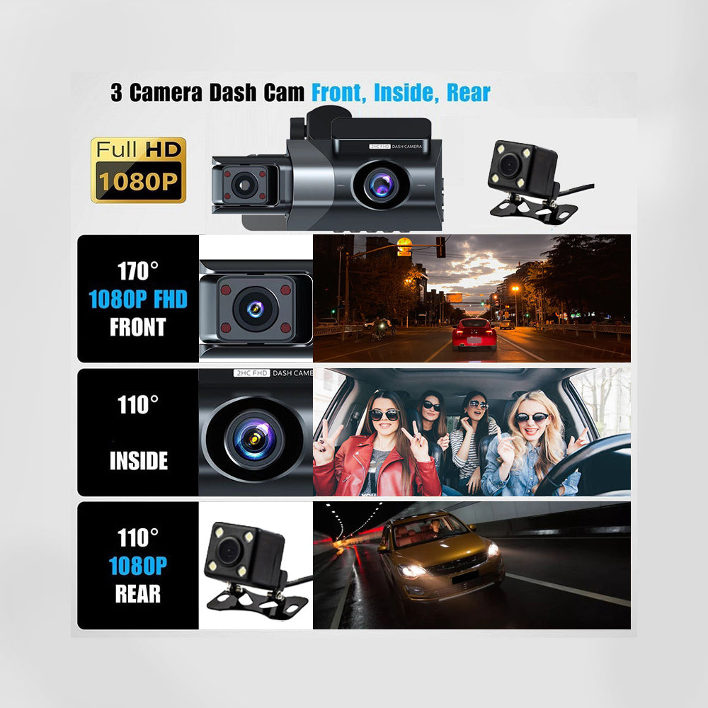 WiFi HD 1080P Night Vision Gravity Sensor Dash Cam-Front+ Inside Camera + Rear Camera